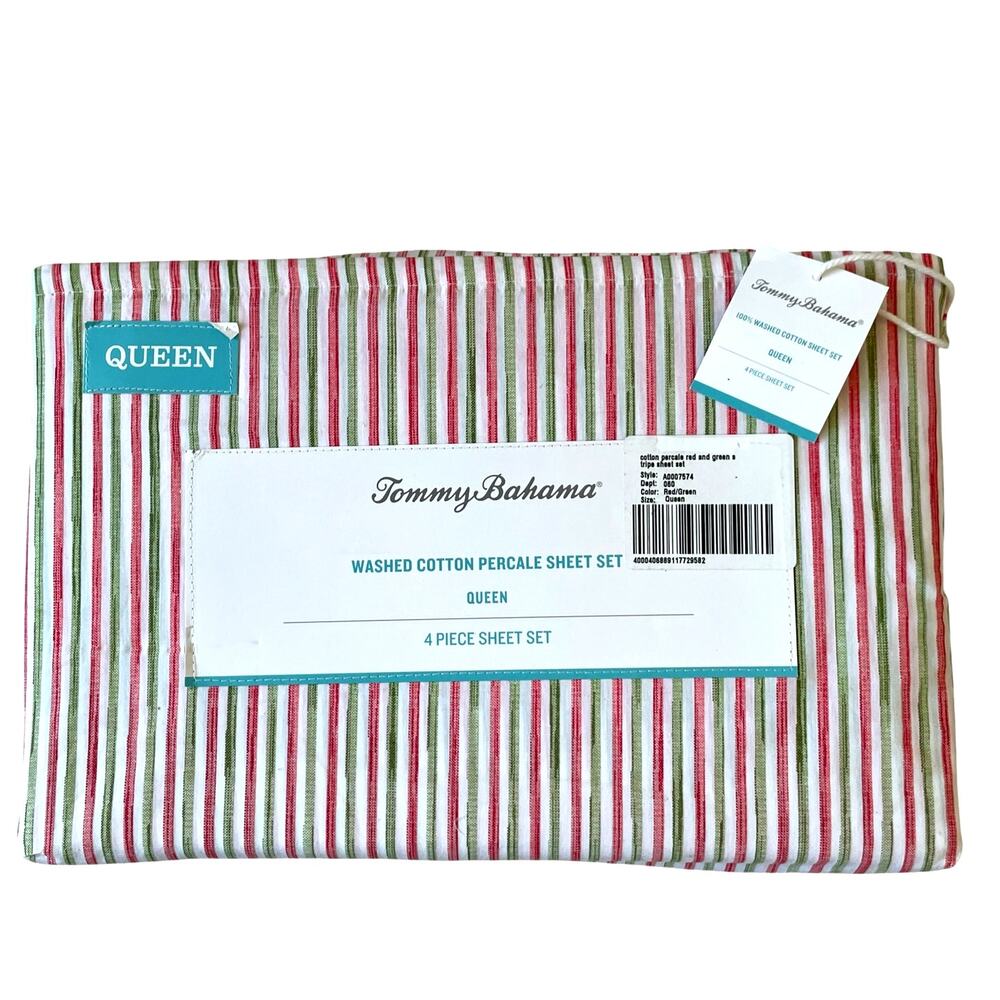 Tommy Bahama QUEEN Sheet Set 4pc Cotton Percale Holiday Red & Green Stripe NEW